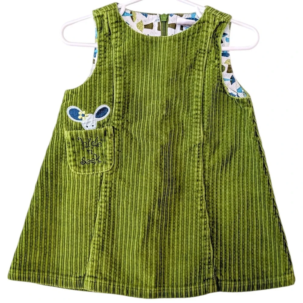 Gymboree VTG Green Corduroy Pinafore Dress 12-18 Mos Mouse Hide & Seek Pocket - Picture 1 of 8